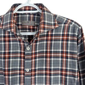Canali Blue Gray and Orange Plaid Flannell Button-Down Shirt